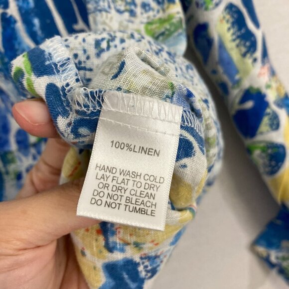 Alberto Makali Blue Green Abstract Artsy 100% Linen Button Down Large Resort - Picture 8 of 10